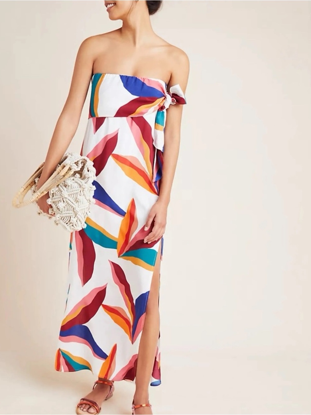 Anthropologie Strapless Maxi Dress in White with Multicolor Leaf Print